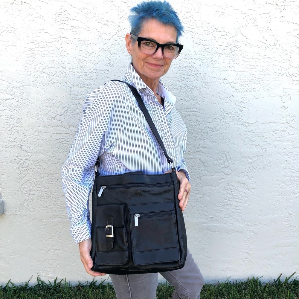 Black Leather Crossbody Bag with Multiple Pockets